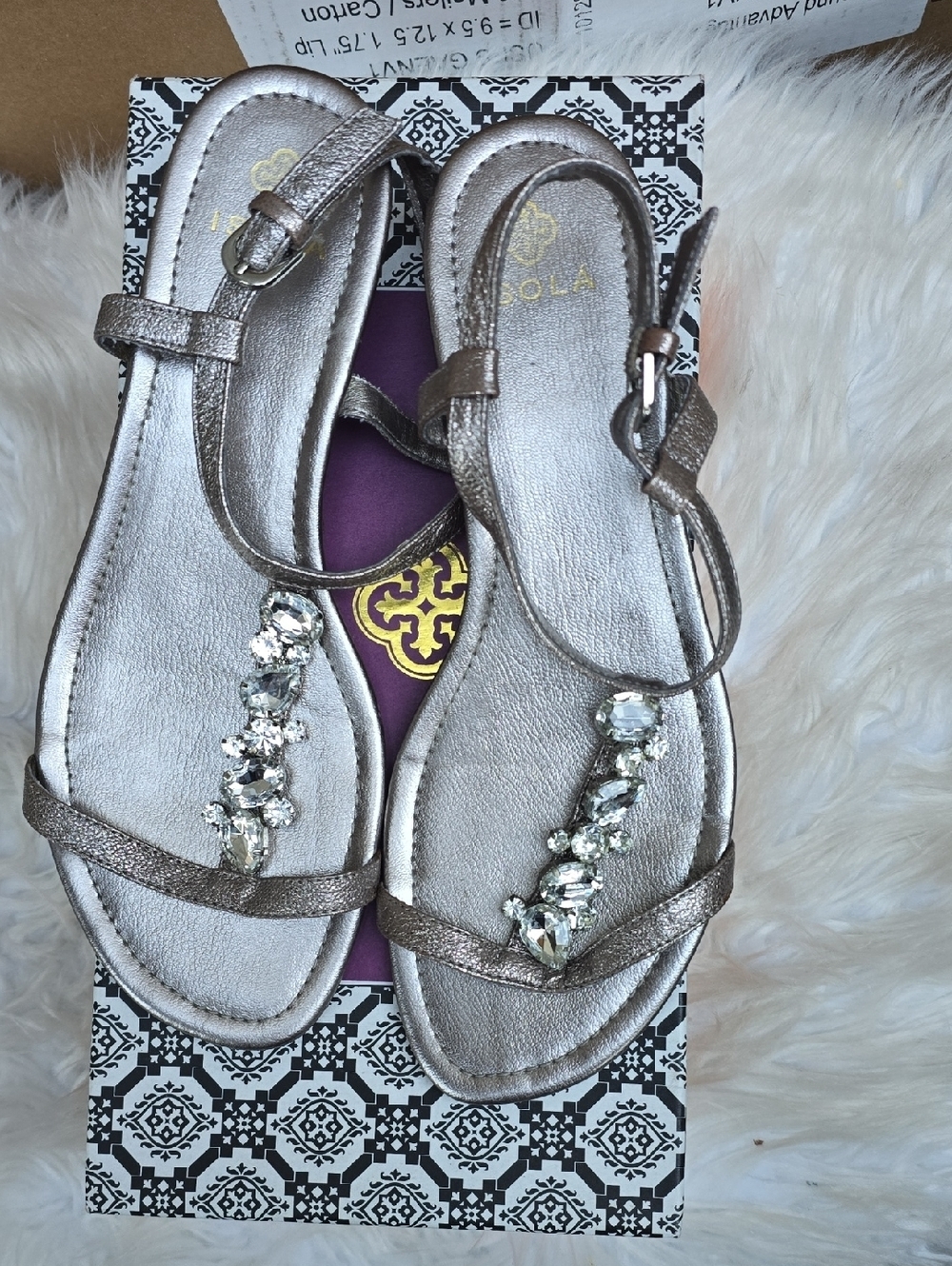Isola Trista Anthracite pewter mini wedge sandals 8.5 rhineatone embellished
